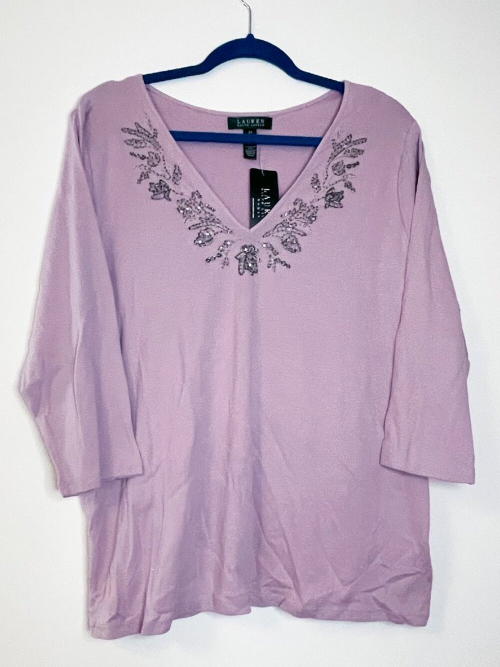Lauren Ralph Lauren Lavender Embellished V-Neck Top 2X  Beaded Cotton Shirt NWT